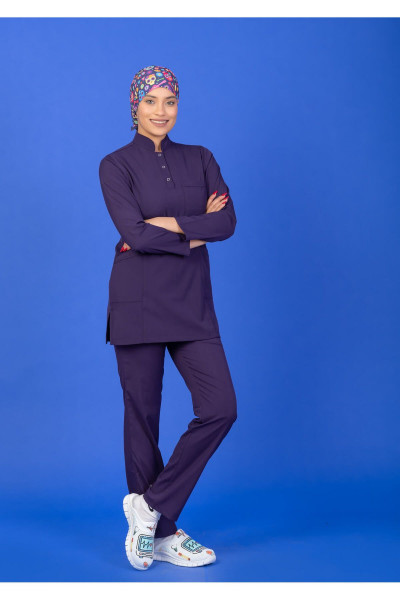 Tek Üst Mor Üç Çıtçıtlı Hakim Yaka Likralı Doktor / Hemşire Forması Tek Üst Mor Üç Çıtçıtlı Hakim Yaka Likralı Doktor / Hemşire Forması