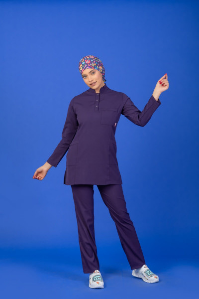 Tek Üst Mor Üç Çıtçıtlı Hakim Yaka Likralı Doktor / Hemşire Forması