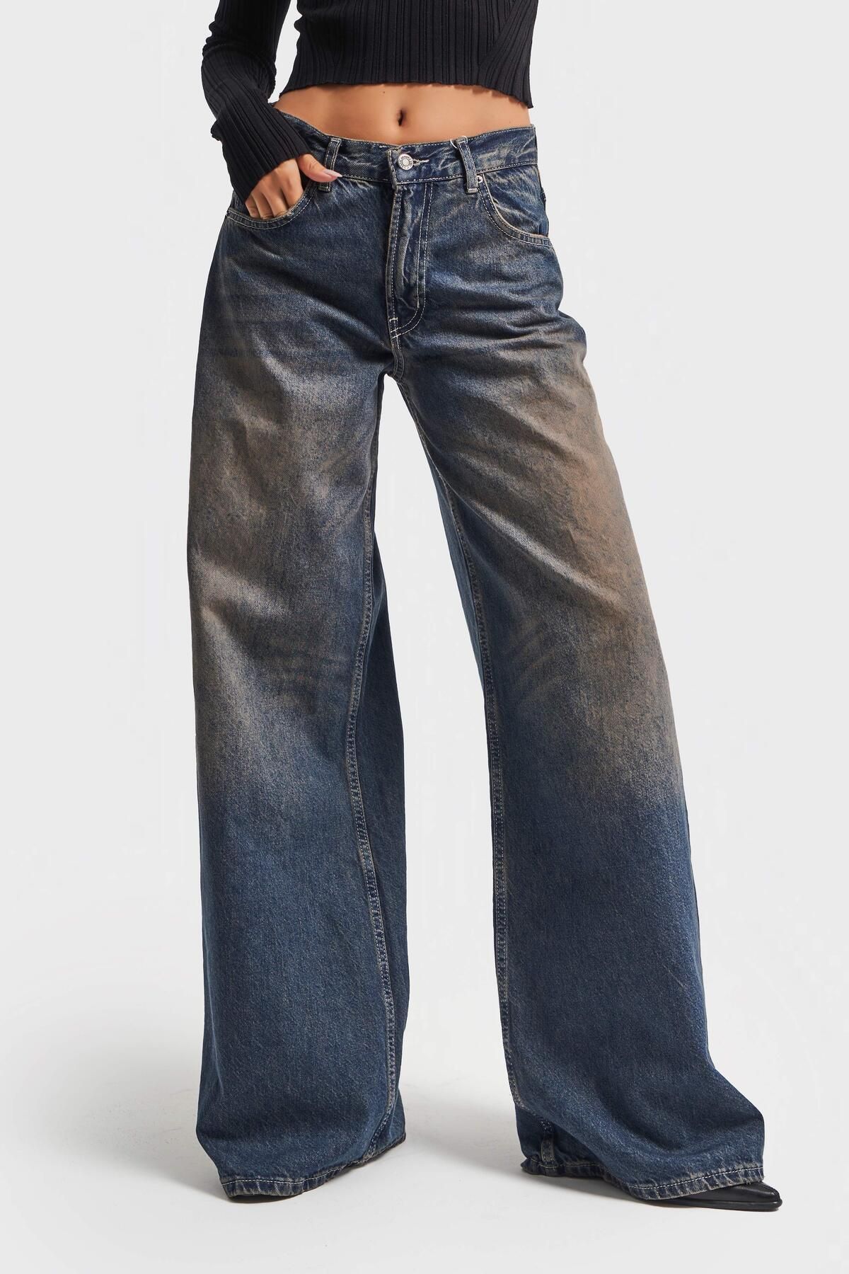 Kadın T Kot Rengi Palazzo Fit Bol Kesim Denim Kadın T Kot Rengi Palazzo Fit Bol Kesim Denim