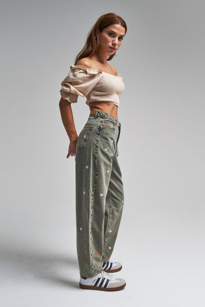 Kadın S Tint Kot Rengi Papatya Nakışlı %100 Koton Denim Kadın S Tint Kot Rengi Papatya Nakışlı %100 Koton Denim