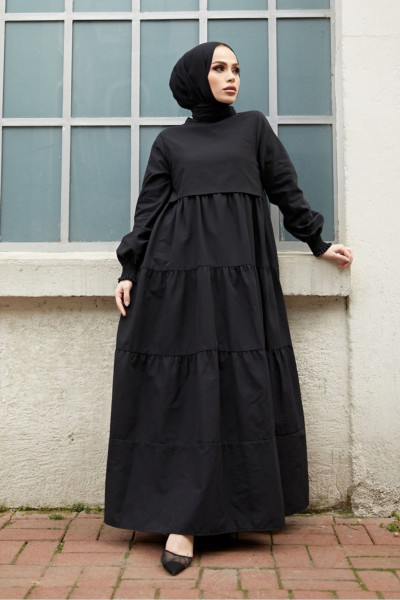 Tek Kat Detay Tesettür Elbise 1103- Siyah Tek Kat Detay Tesettür Elbise 1103- Siyah