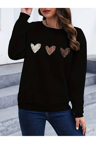 Kalp Baskılı Bisiklet Yaka Sweatshirt Kalp Baskılı Bisiklet Yaka Sweatshirt