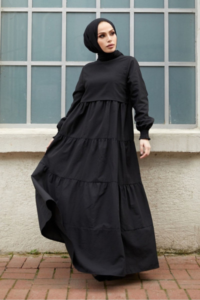 Tek Kat Detay Tesettür Elbise 1103- Siyah