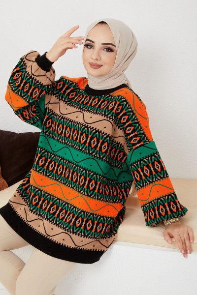 Modest Tesettür Triko Tunik  Desenli Salaş Kışlık Şık Balon Kollu Tarz Tunik Modest Tesettür Triko Tunik  Desenli Salaş Kışlık Şık Balon Kollu Tarz Tunik