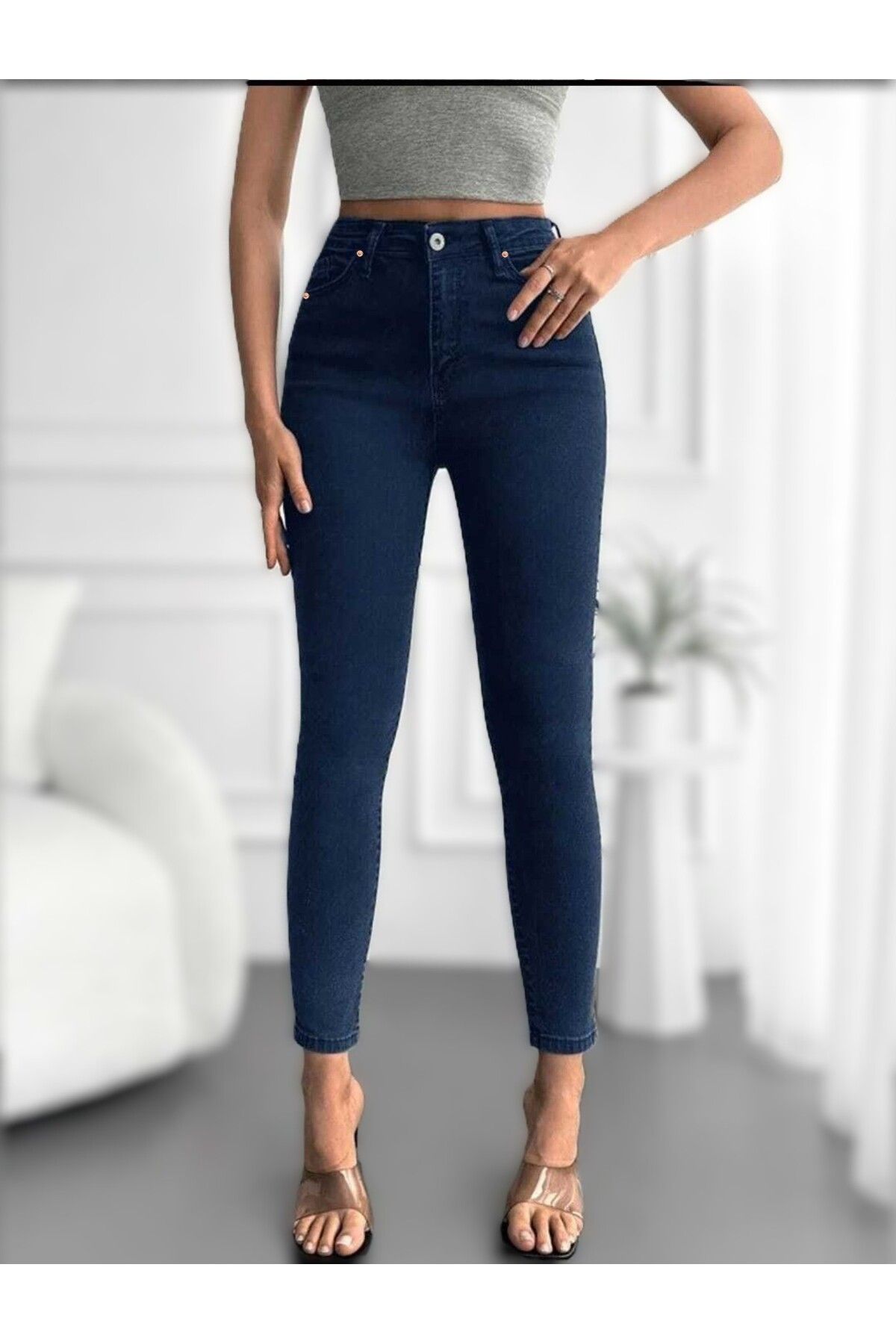 Koyu Mavi Toparlayıcı Solmaz Kumaş Yüksek Bel İnceltici Etki  Skinny Jean Koyu Mavi Toparlayıcı Solmaz Kumaş Yüksek Bel İnceltici Etki  Skinny Jean