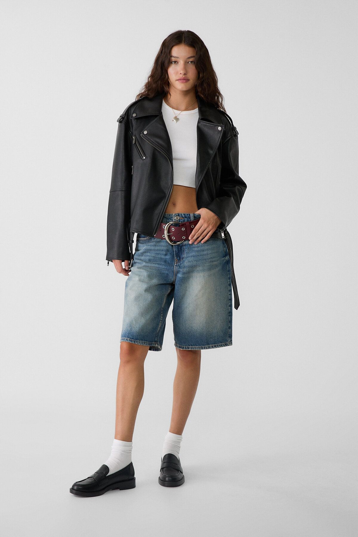 Suni deri oversize biker ceket Suni deri oversize biker ceket