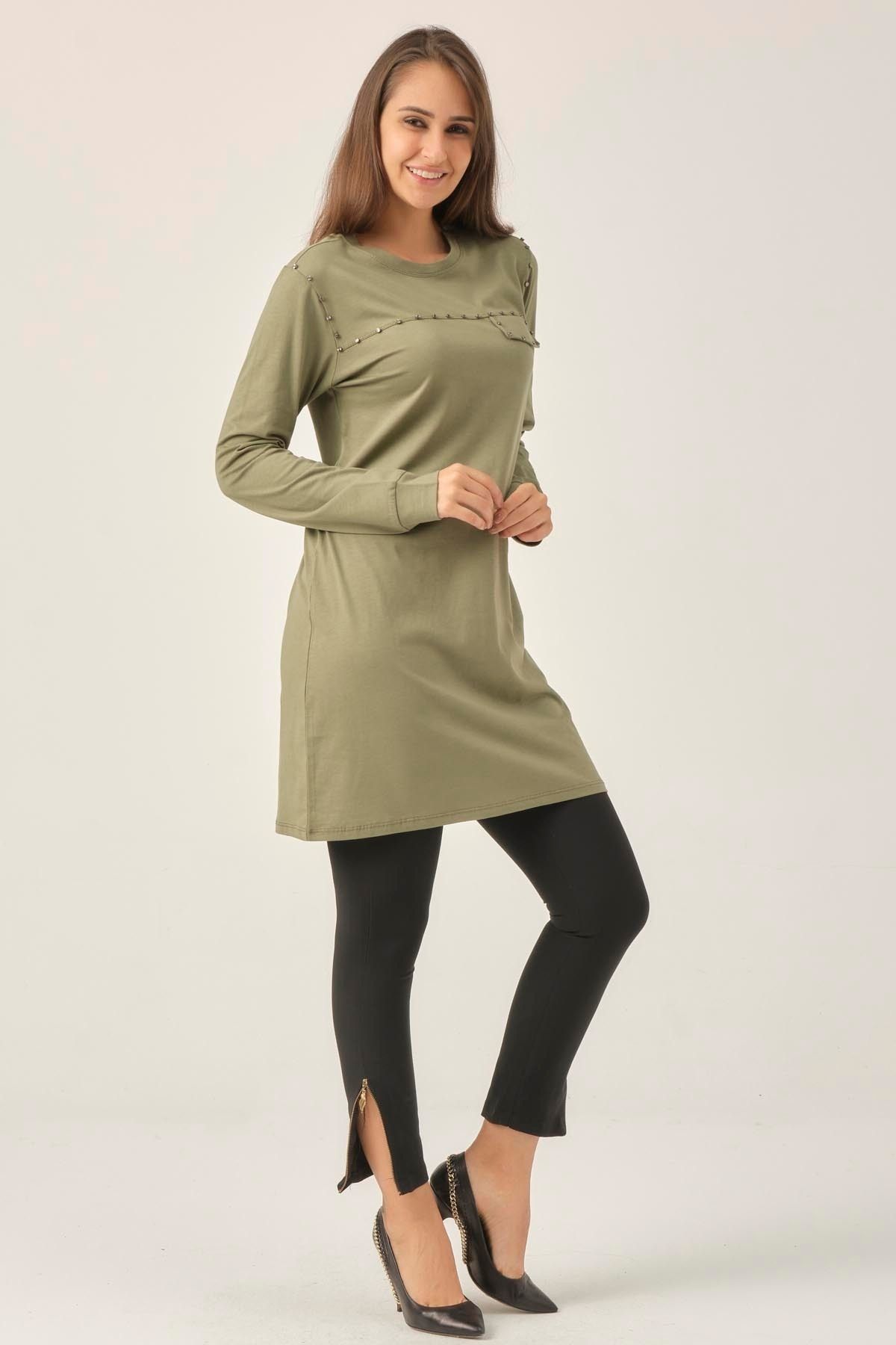 Kadın Soft Haki Taşlı Sıfır Yaka Tunik Dm230 Kadın Soft Haki Taşlı Sıfır Yaka Tunik Dm230