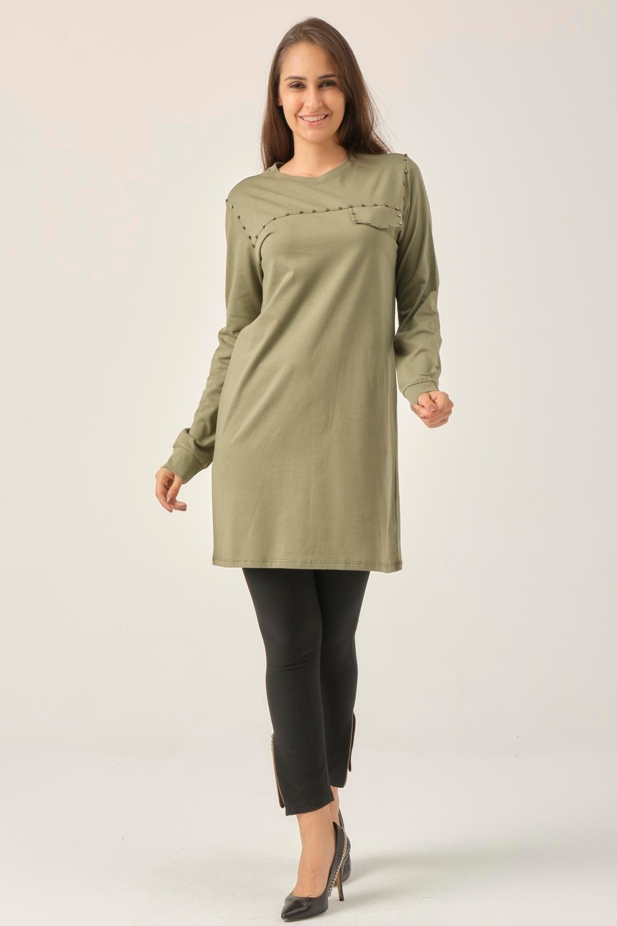 Kadın Soft Haki Taşlı Sıfır Yaka Tunik Dm230 Kadın Soft Haki Taşlı Sıfır Yaka Tunik Dm230