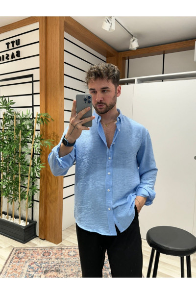 Mavi  Oversize Dokulu Gömlek