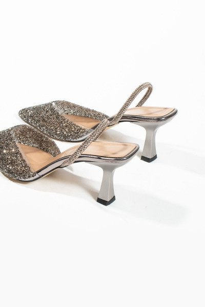 London Cam Kırıntıları Detay Arkası Açık Topuklu Ayakkabı