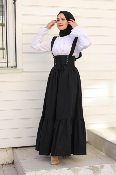 Korse Detaylı Trikoton Kumaş Askılı Jile Siyah