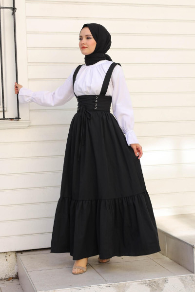 Korse Detaylı Trikoton Kumaş Askılı Jile Siyah