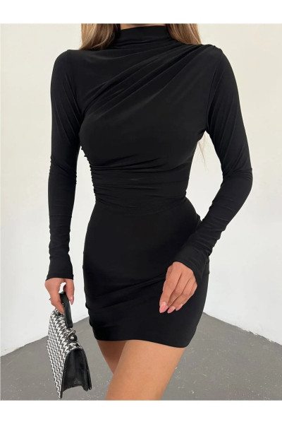 Kadın Siyah Sandy Drapeli Dik Yaka Elbise Mini Large Kadın Siyah Sandy Drapeli Dik Yaka Elbise Mini Large