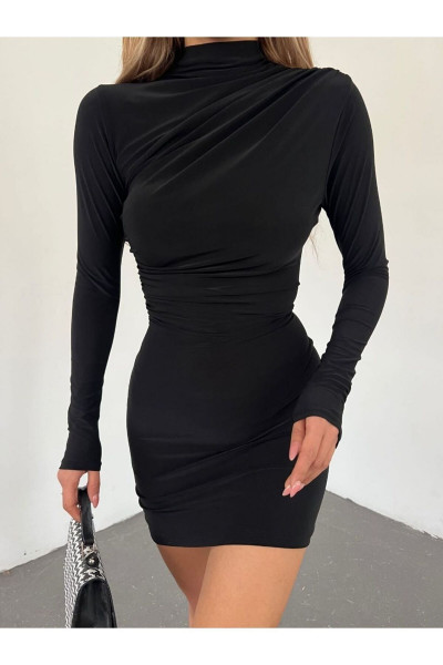 Kadın Siyah Sandy Drapeli Dik Yaka Elbise Mini Large Kadın Siyah Sandy Drapeli Dik Yaka Elbise Mini Large