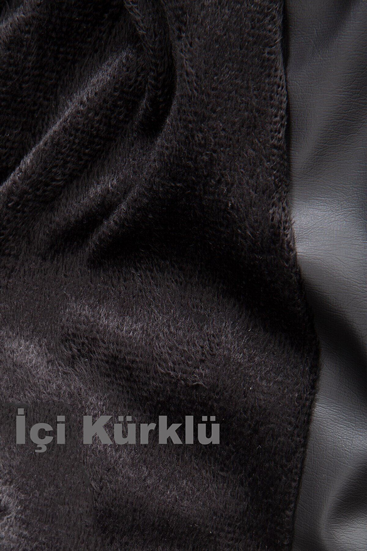 Kadın Siyah Oversize Içi Kürklü Kemerli Biker Deri Ceket Kadın Siyah Oversize Içi Kürklü Kemerli Biker Deri Ceket