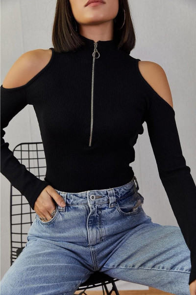 Omuz Detaylı Fermuarlı Fitilli Esnek Bluz Omuz Detaylı Fermuarlı Fitilli Esnek Bluz