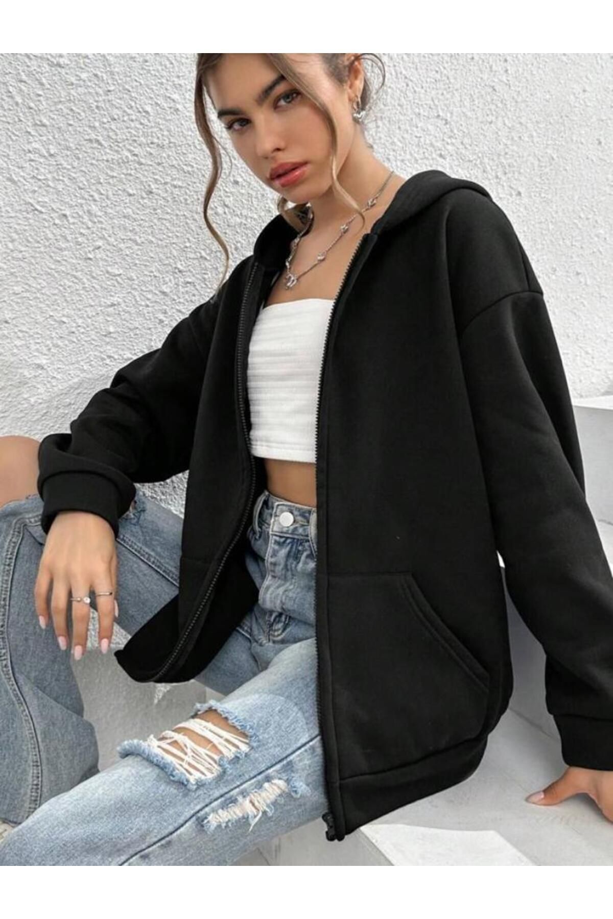 KAPÜŞONLU Fermuarlı Siyah Unisex Baskısız Hırka KAPÜŞONLU Fermuarlı Siyah Unisex Baskısız Hırka