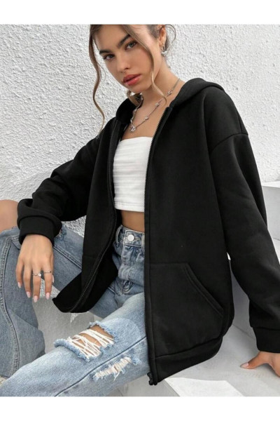 KAPÜŞONLU Fermuarlı Siyah Unisex Baskısız Hırka KAPÜŞONLU Fermuarlı Siyah Unisex Baskısız Hırka