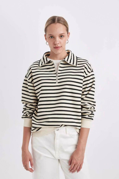Regular Fit Dik Yaka Yarım Fermuarlı Kalın Çizgili Kalın Sweatshirt A8354ax24wn