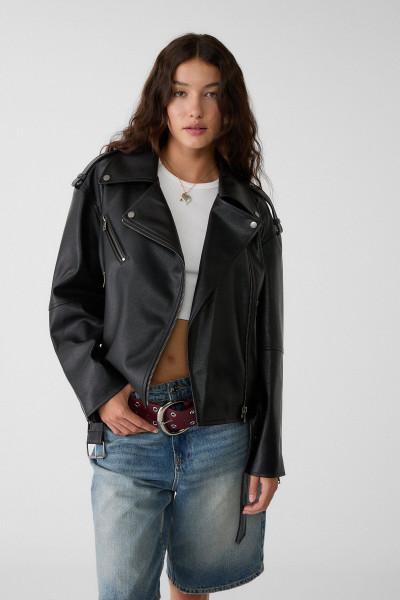 Suni deri oversize biker ceket Suni deri oversize biker ceket