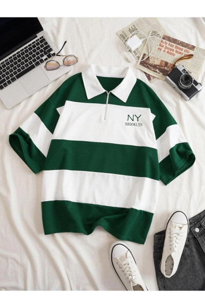 Kadın Yeşil Çizgili NY Baskılı Fermuarlı Polo Yaka Oversize T-shirt Kadın Yeşil Çizgili NY Baskılı Fermuarlı Polo Yaka Oversize T-shirt