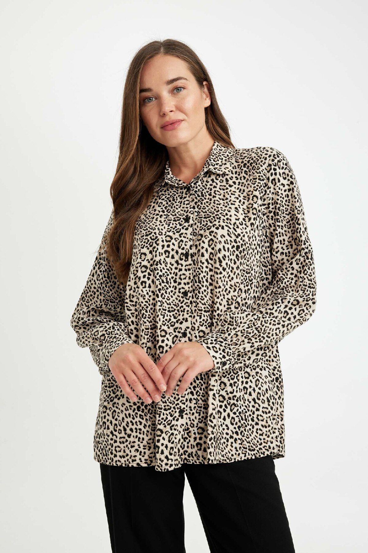 Relax Fit Leopar Desenli Uzun Kollu Gömlek D1078ax24au
