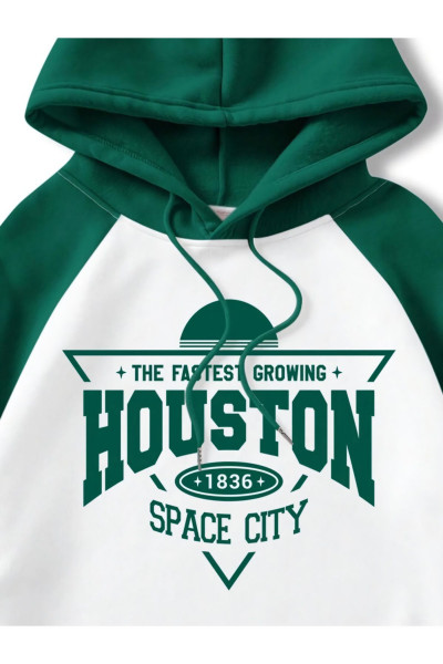 Kapüşonlu Beyaz-Yeşil Kollu Houston Space Oversıze Sweatshirt Kapüşonlu Beyaz-Yeşil Kollu Houston Space Oversıze Sweatshirt