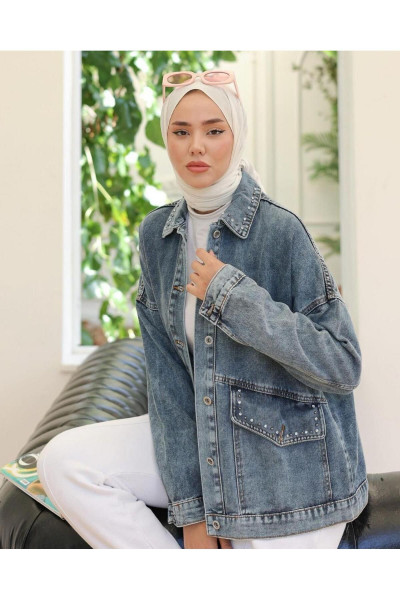 Kadın Taş ve İnci İşlemeli Denim Kot Ceket Mavi Kadın Taş ve İnci İşlemeli Denim Kot Ceket Mavi