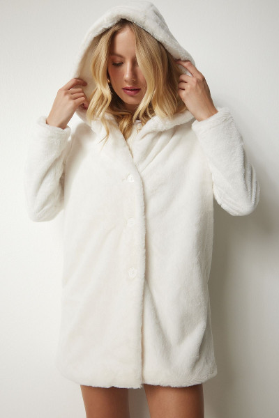 Kapüşonlu Oversize Kürklü Peluş Kaban Ekru Lrv0023 Kapüşonlu Oversize Kürklü Peluş Kaban Ekru Lrv0023