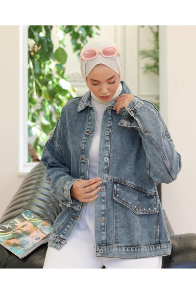 Kadın Taş ve İnci İşlemeli Denim Kot Ceket Mavi Kadın Taş ve İnci İşlemeli Denim Kot Ceket Mavi