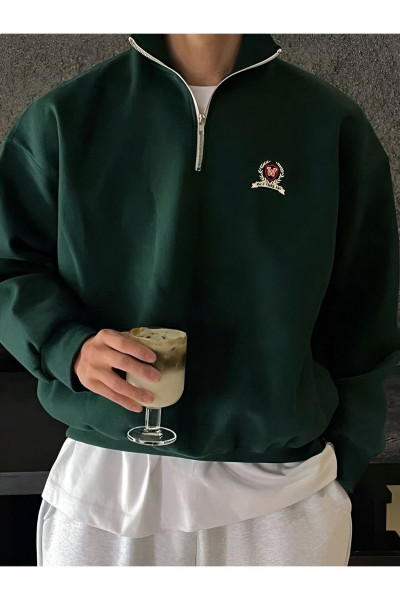 yeşil (W)  baskılı siyah dik yakalı yarım fermuarlı oversize unisex sweatshirt yeşil (W)  baskılı siyah dik yakalı yarım fermuarlı oversize unisex sweatshirt