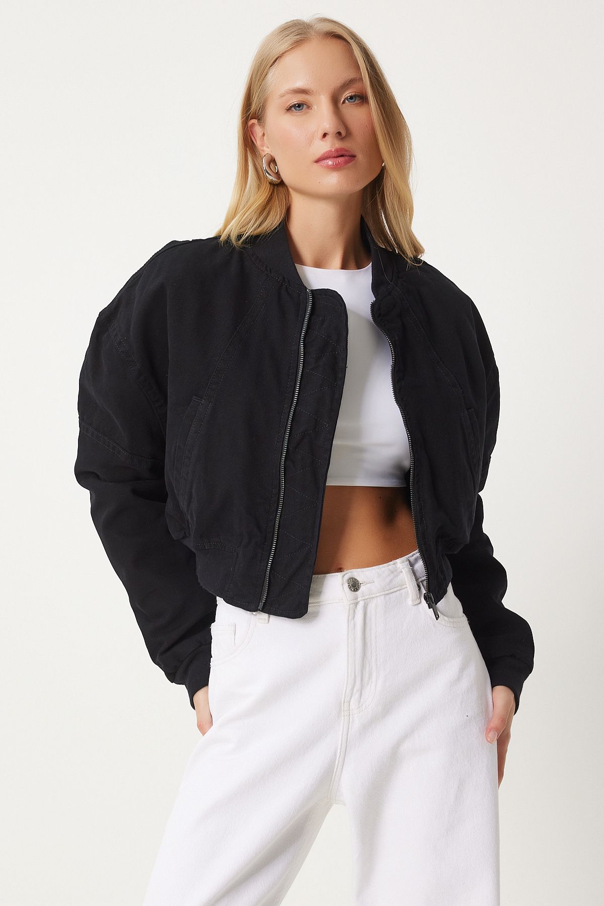 Kadın Siyah Crop Bomber Ceket KL00003 Kadın Siyah Crop Bomber Ceket KL00003