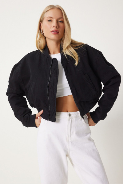 Kadın Siyah Crop Bomber Ceket KL00003 Kadın Siyah Crop Bomber Ceket KL00003