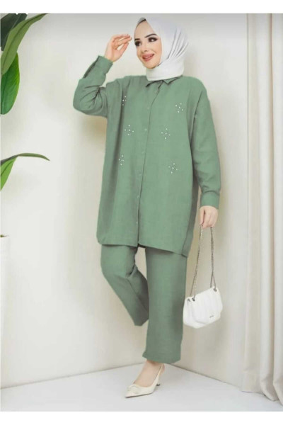 Kadın Su Yeşili Keten Kumaş Gömlek Yaka Düğmeli Alt Üst Takım Kadın Su Yeşili Keten Kumaş Gömlek Yaka Düğmeli Alt Üst Takım