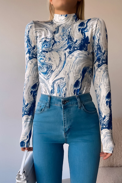 Kadın Yeni Sezon Mavi Wave Desen Dik Yaka Uzun Kollu Bluz Kadın Yeni Sezon Mavi Wave Desen Dik Yaka Uzun Kollu Bluz