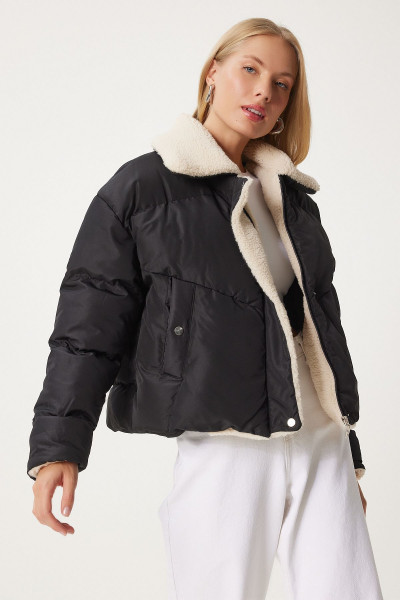 Kadın Siyah Peluş Detaylı Şişme Mont NT00431 Kadın Siyah Peluş Detaylı Şişme Mont NT00431