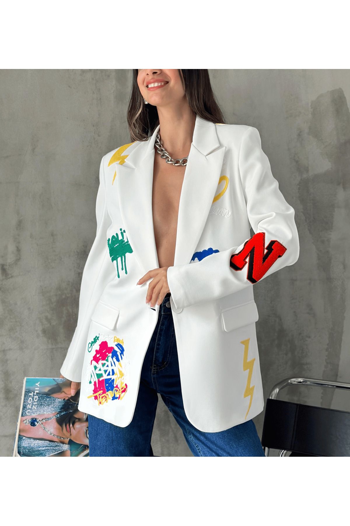 Nakış Detaylı Blazer Ceket Ekru Nakış Detaylı Blazer Ceket Ekru