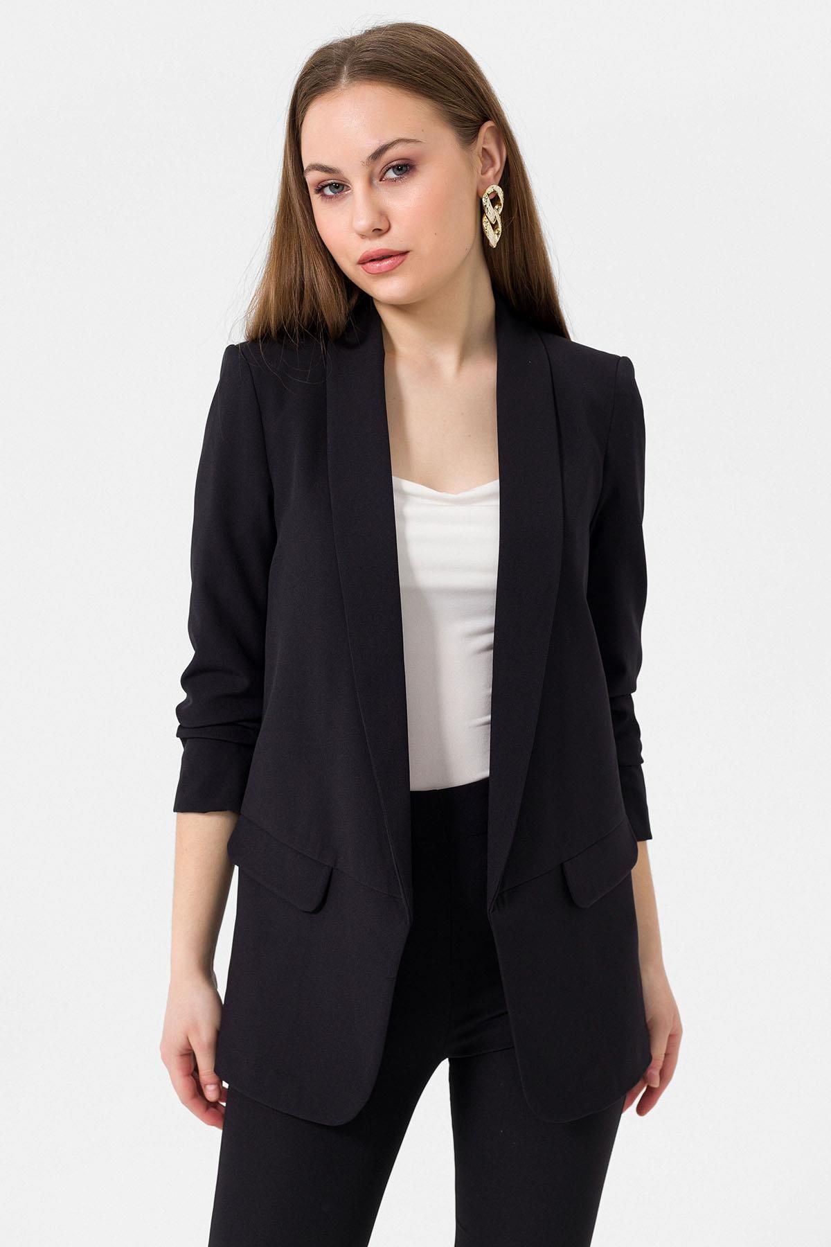 Kolu Büzgülü Cep Görünümlü Önü Açık Blazer Ceket 245095 - Kolu Büzgülü Cep Görünümlü Önü Açık Blazer Ceket 245095 -