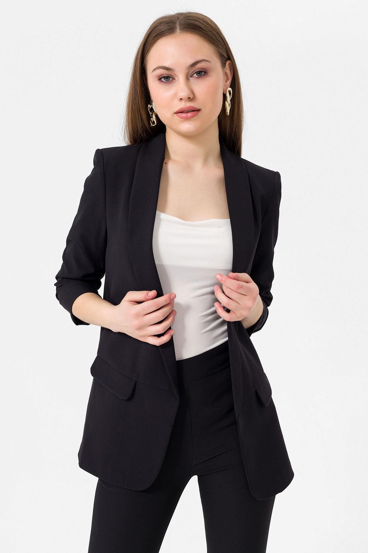 Kolu Büzgülü Cep Görünümlü Önü Açık Blazer Ceket 245095 - Kolu Büzgülü Cep Görünümlü Önü Açık Blazer Ceket 245095 -