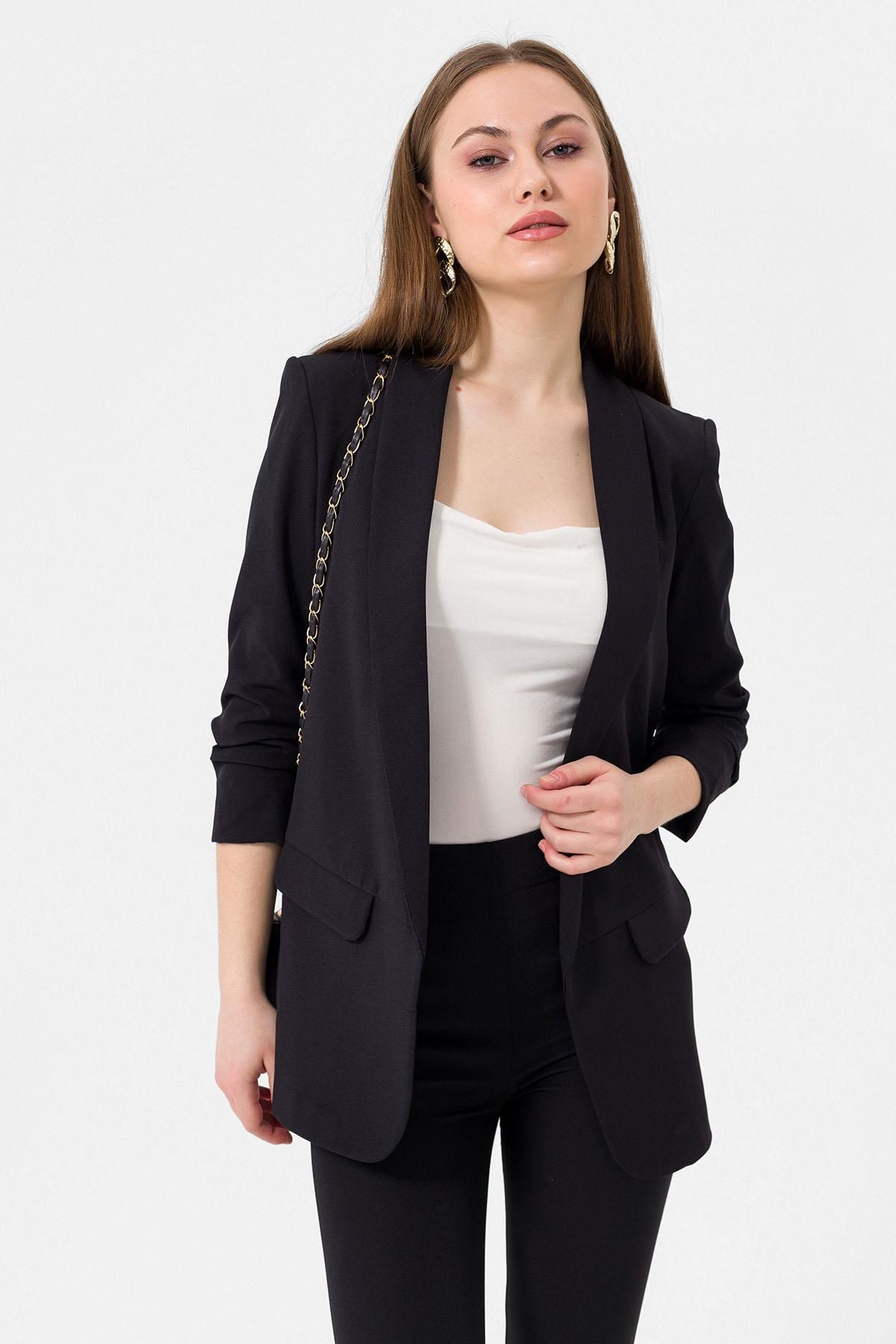 Kolu Büzgülü Cep Görünümlü Önü Açık Blazer Ceket 245095 - Kolu Büzgülü Cep Görünümlü Önü Açık Blazer Ceket 245095 -