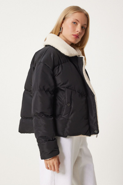 Kadın Siyah Peluş Detaylı Şişme Mont NT00431 Kadın Siyah Peluş Detaylı Şişme Mont NT00431