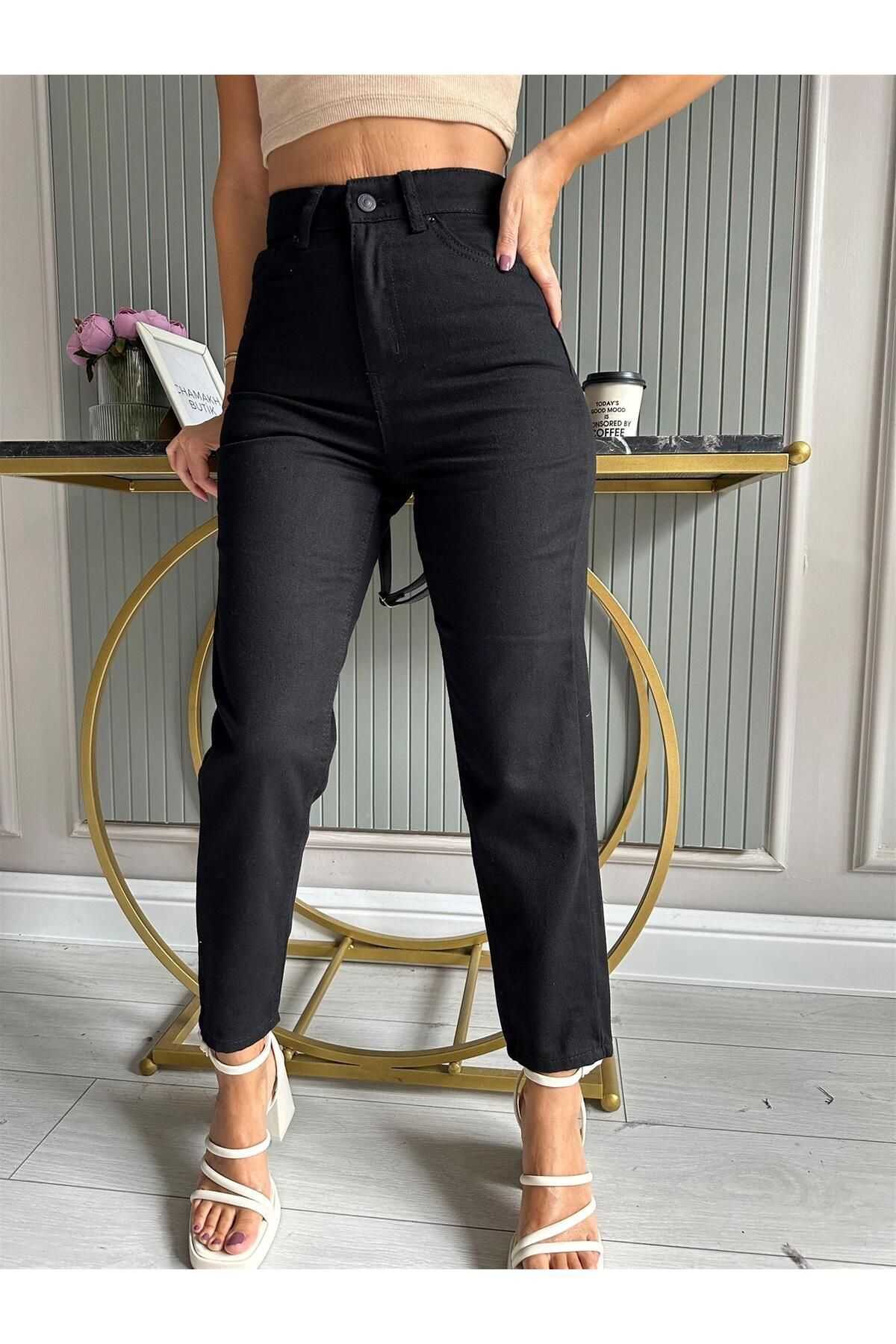 Leo Siyah Mom Jean Kadın Boyfriend Yüksek Bel Likralı Kot Pantolon