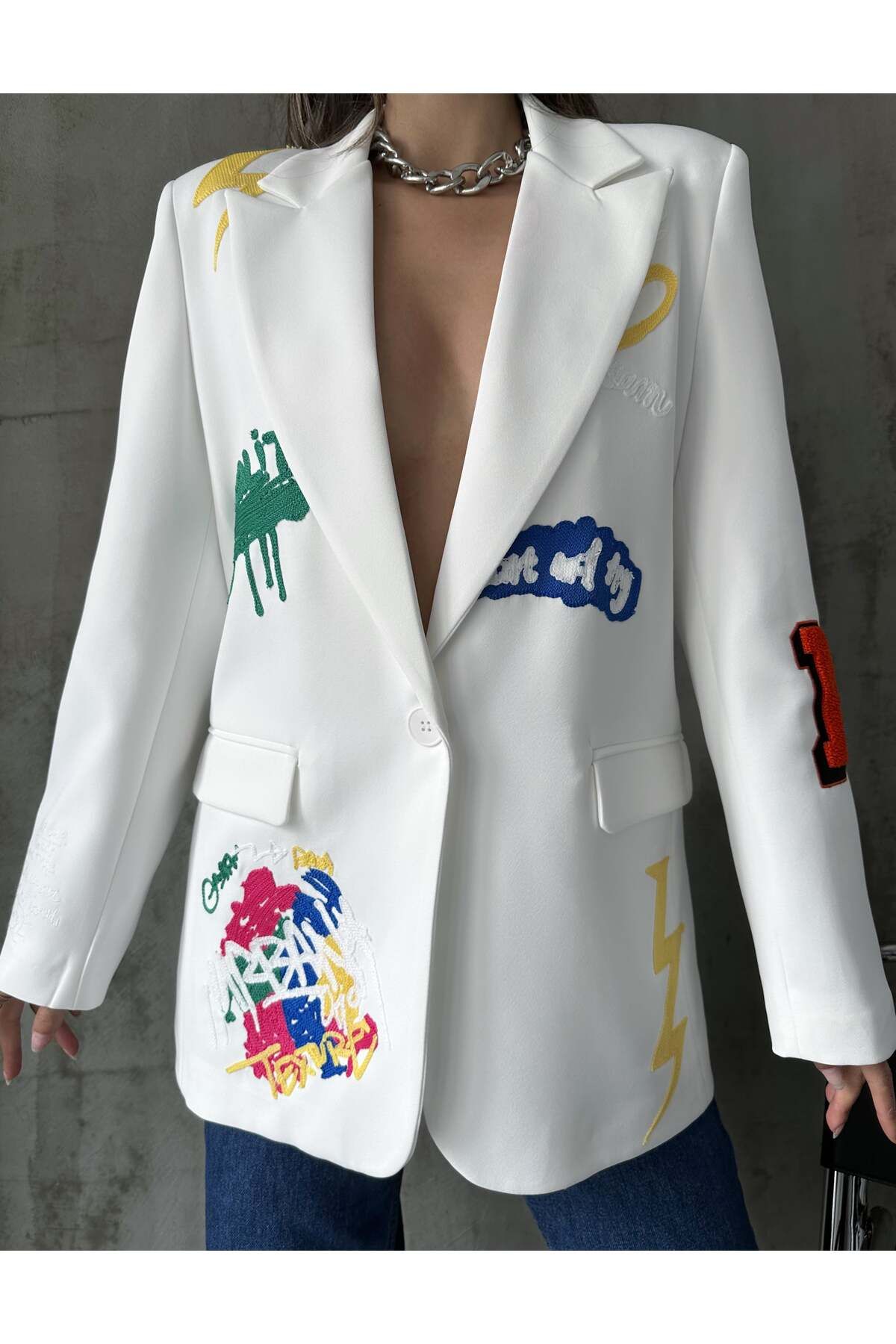 Nakış Detaylı Blazer Ceket Ekru Nakış Detaylı Blazer Ceket Ekru