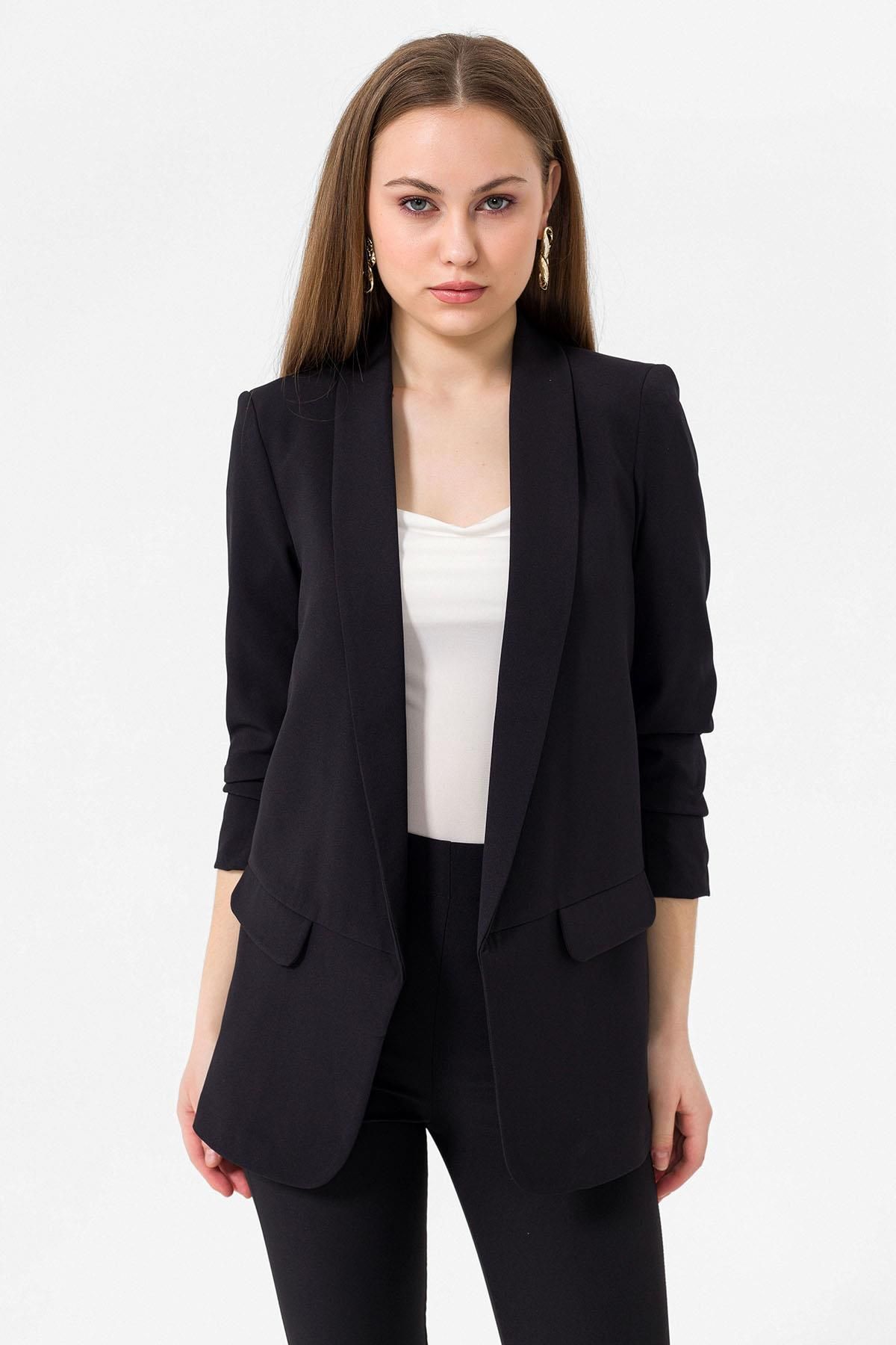 Kolu Büzgülü Cep Görünümlü Önü Açık Blazer Ceket 245095 - Kolu Büzgülü Cep Görünümlü Önü Açık Blazer Ceket 245095 -