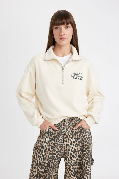 Regular Fit Baskılı Yarım Fermuarlı Dik Yaka Kalın Sweatshirt D5298ax24au