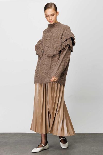 KEMERLİ DERİ PİLİSELİ ETEK - VİZON KEMERLİ DERİ PİLİSELİ ETEK - VİZON