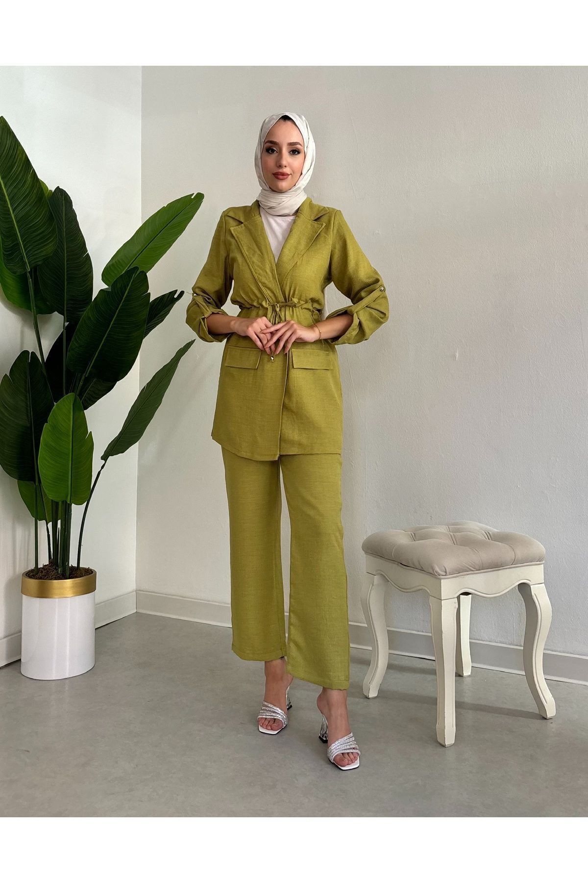 Sofya Keten 2 li Yazlık Takım - Yağ Yeşili Sofya Keten 2 li Yazlık Takım - Yağ Yeşili