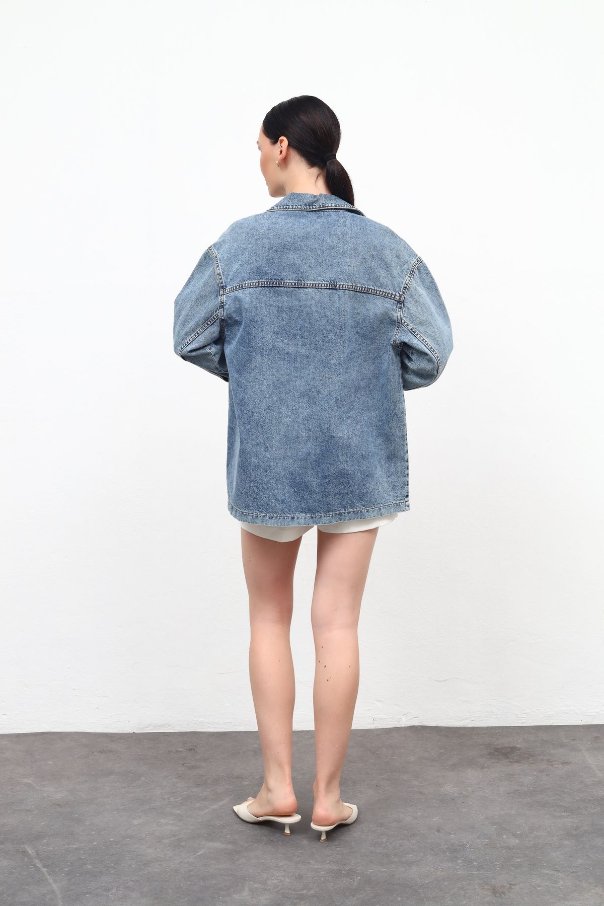 Kadın Taş Detaylı Denim Ceket Mavi