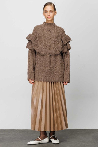 KEMERLİ DERİ PİLİSELİ ETEK - VİZON KEMERLİ DERİ PİLİSELİ ETEK - VİZON