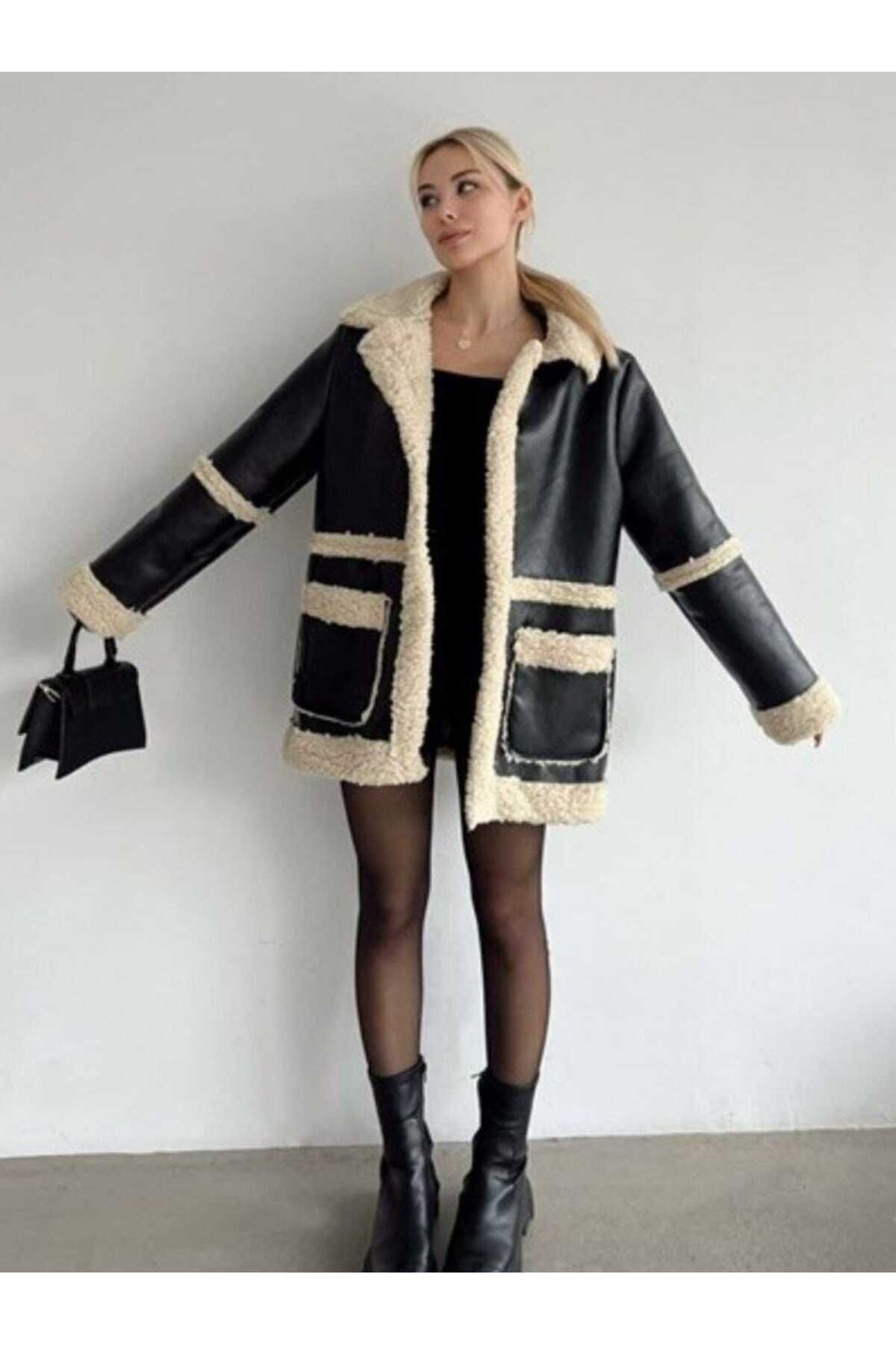 Kadın Siyah Peluş Kürk Detaylı Kaliteli Mont Kadın Siyah Peluş Kürk Detaylı Kaliteli Mont